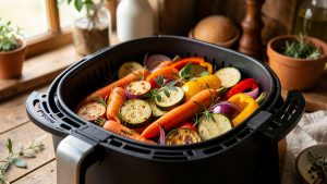 Panier de friteuse à air chaud rempli de carottes, courgettes, poivrons et oignons rouges rôtis dans une lumière naturelle chaleureuse.