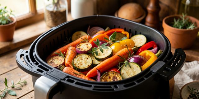Panier de friteuse à air chaud rempli de carottes, courgettes, poivrons et oignons rouges rôtis dans une lumière naturelle chaleureuse.