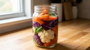 Bocal en verre rempli de légumes lactofermentés colorés, posé sur un plan de travail en bois dans une cuisine éclairée naturellement, avec une saumure limpide.