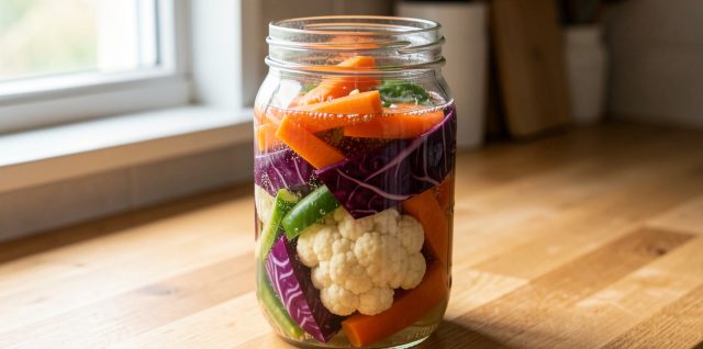 Bocal en verre rempli de légumes lactofermentés colorés, posé sur un plan de travail en bois dans une cuisine éclairée naturellement, avec une saumure limpide.