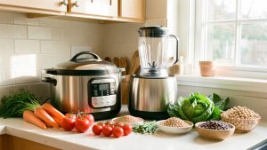 Cuisine familiale lumineuse avec un multicuiseur électrique et un robot cuiseur posés sur un plan de travail, entourés de légumes frais et de légumineuses.