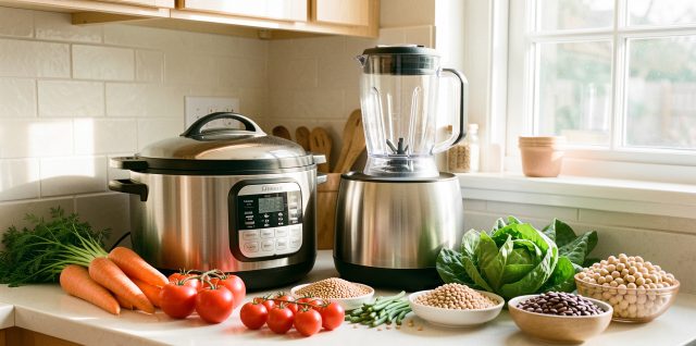 Cuisine familiale lumineuse avec un multicuiseur électrique et un robot cuiseur posés sur un plan de travail, entourés de légumes frais et de légumineuses.