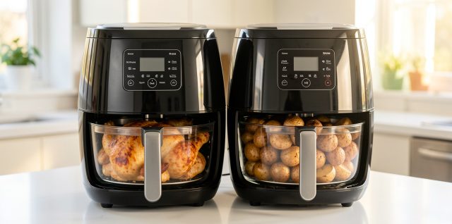 Friteuse à air à double cuve transparente contenant du poulet rôti et des pommes de terre dorées sur un plan de travail lumineux.