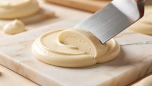 Ganache montée ivoire tranchée délicatement à la spatule pour obtenir une texture lisse et aérienne.