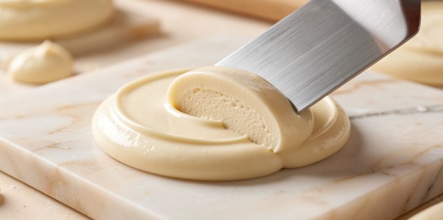 Ganache montée ivoire tranchée délicatement à la spatule pour obtenir une texture lisse et aérienne.