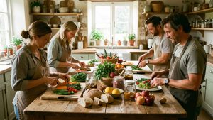 Atelier de cuisine anti-gaspillage chaleureux, avec deux femmes et deux hommes autour d’une grande table garnie de légumes cuits, de pain rassis, de fruits mûrs et de bocaux, éclairée par la lumière naturelle.