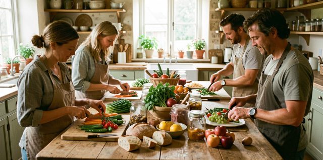 Atelier de cuisine anti-gaspillage chaleureux, avec deux femmes et deux hommes autour d’une grande table garnie de légumes cuits, de pain rassis, de fruits mûrs et de bocaux, éclairée par la lumière naturelle.