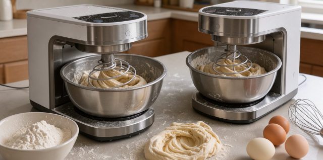 Deux robots cuiseurs modernes mélangent une pâte à brioche sur un plan de travail lumineux, entourés de farine, d’œufs et d’un fouet.