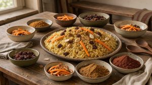 Table généreuse de cuisine afghane avec un Kabuli Palaw de riz doré, carottes, raisins secs, amandes et épices présentés dans de petits bols.