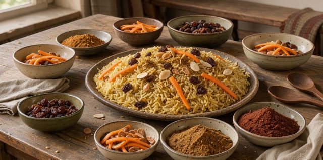 Table généreuse de cuisine afghane avec un Kabuli Palaw de riz doré, carottes, raisins secs, amandes et épices présentés dans de petits bols.